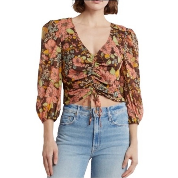 MOTHER Tops - MOTHER Floral Ruched Three Quarter Sleeve Top Boutonnière Bouquet NWT M L